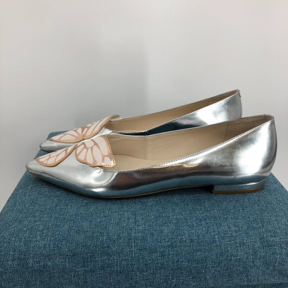 Sophia Webster Bibi Butterfly Silver Metallic Patent-leather Point-toe Flats 6.5 - Picture 3 of 16